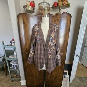Johnny Was Brown Plaid Embroidered Jacket